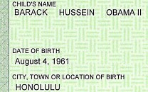 Obama's alleged birth certificate showing Honolulu as place of birth