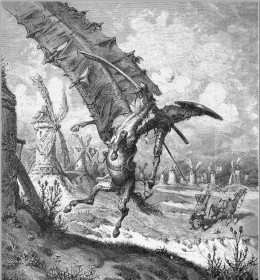 Don Quixote attacks windmill