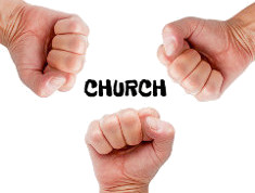 Three fists punching the Church