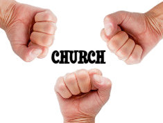 Three fists punching the Church