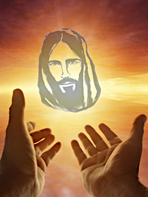 Hands raised toward Christ