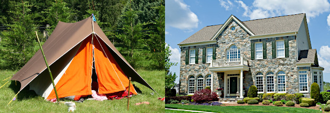A tent and a luxury home